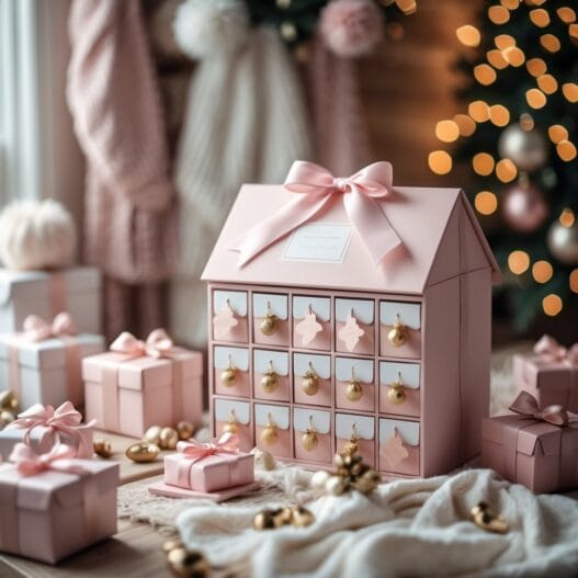 Professionelt billede til hjemmeside om pakkekalender til kvinder, med fokus på æstetisk design og juletema.